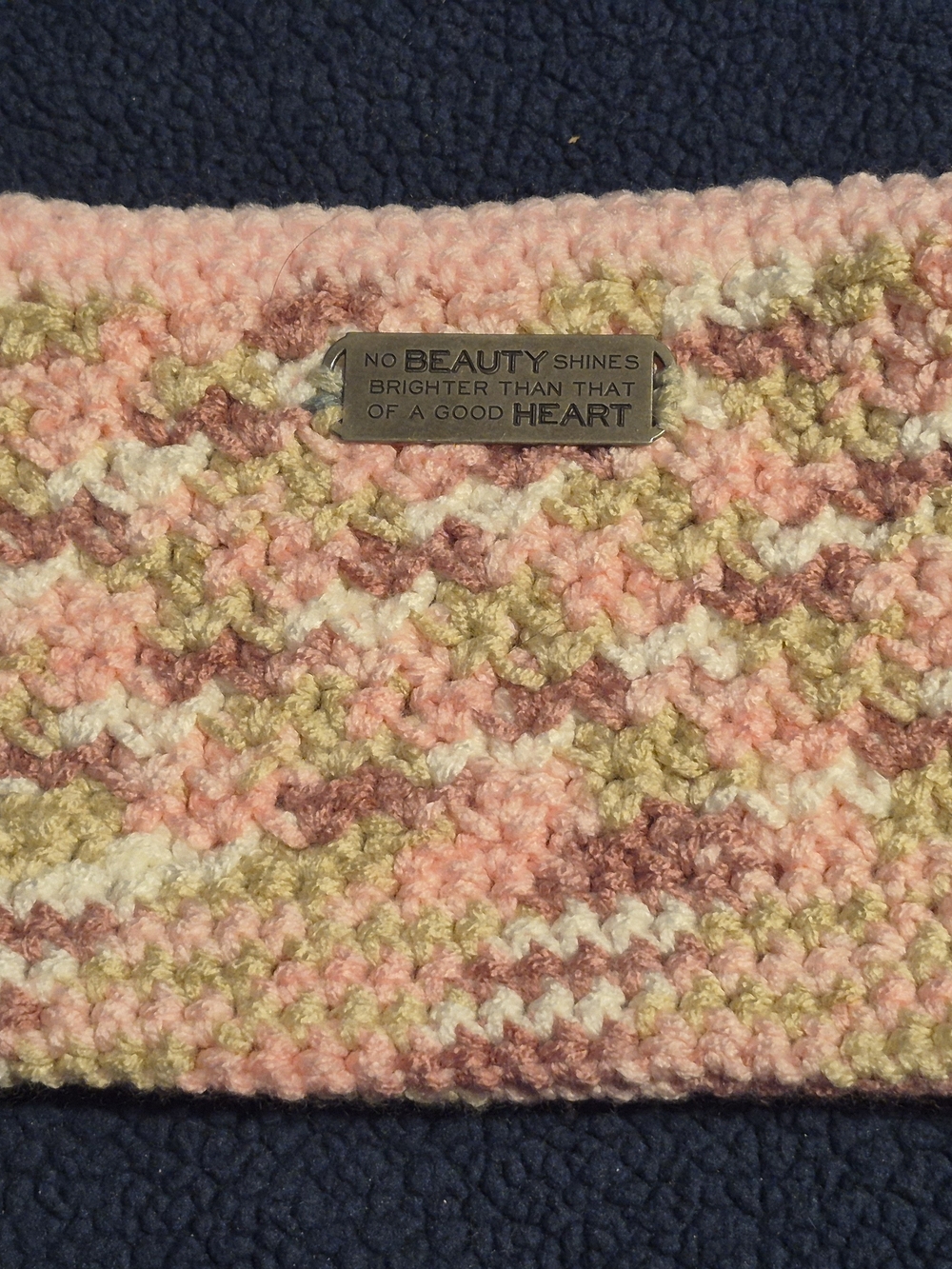 Handmade Crochet Pouch Bag 9x6 Metal Plaque Accents Green Pink Purple White